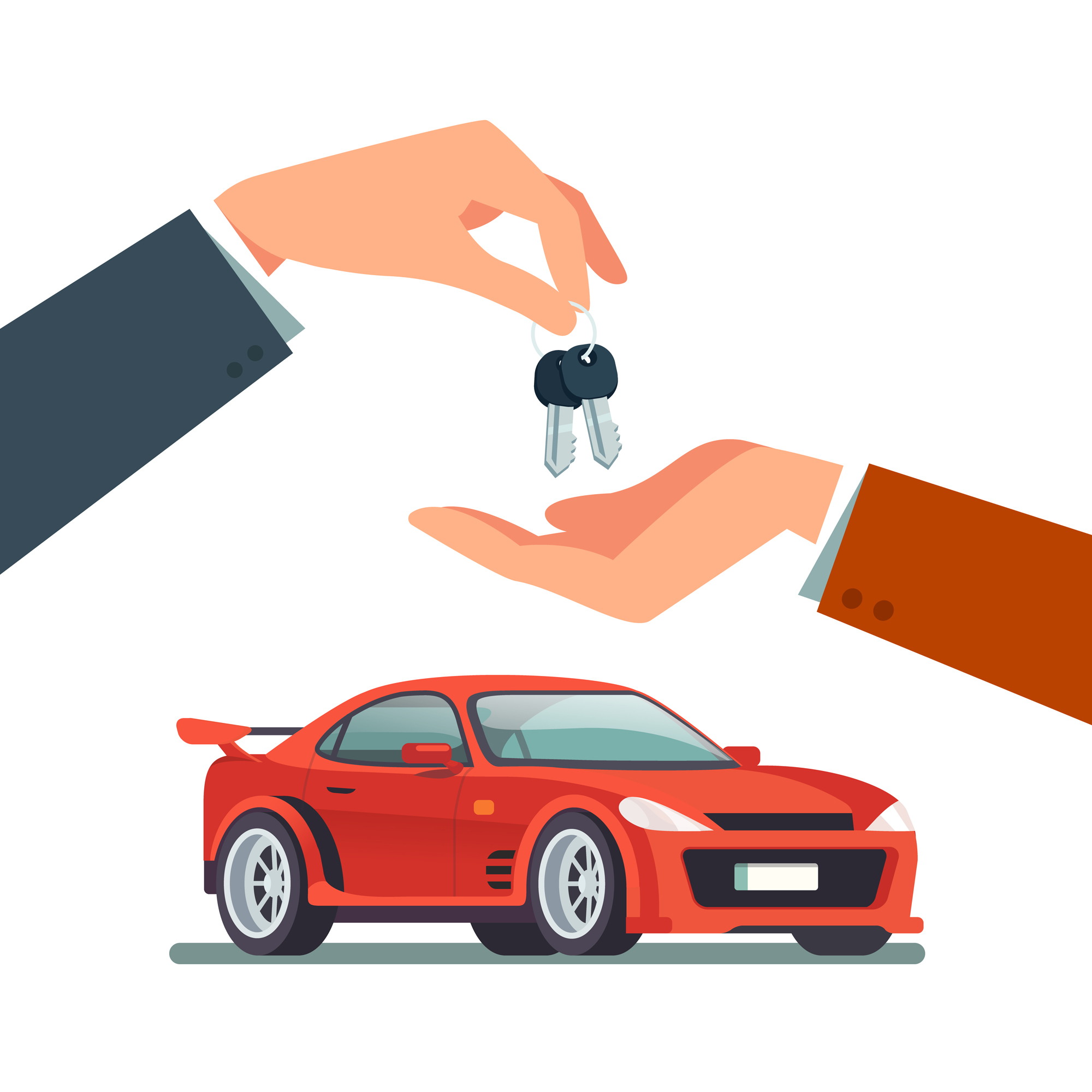 Buying or renting a new or used red and speedy sports car. Dealer giving keys chain to a buyer hand. Modern flat style vector illustration isolated on white background.